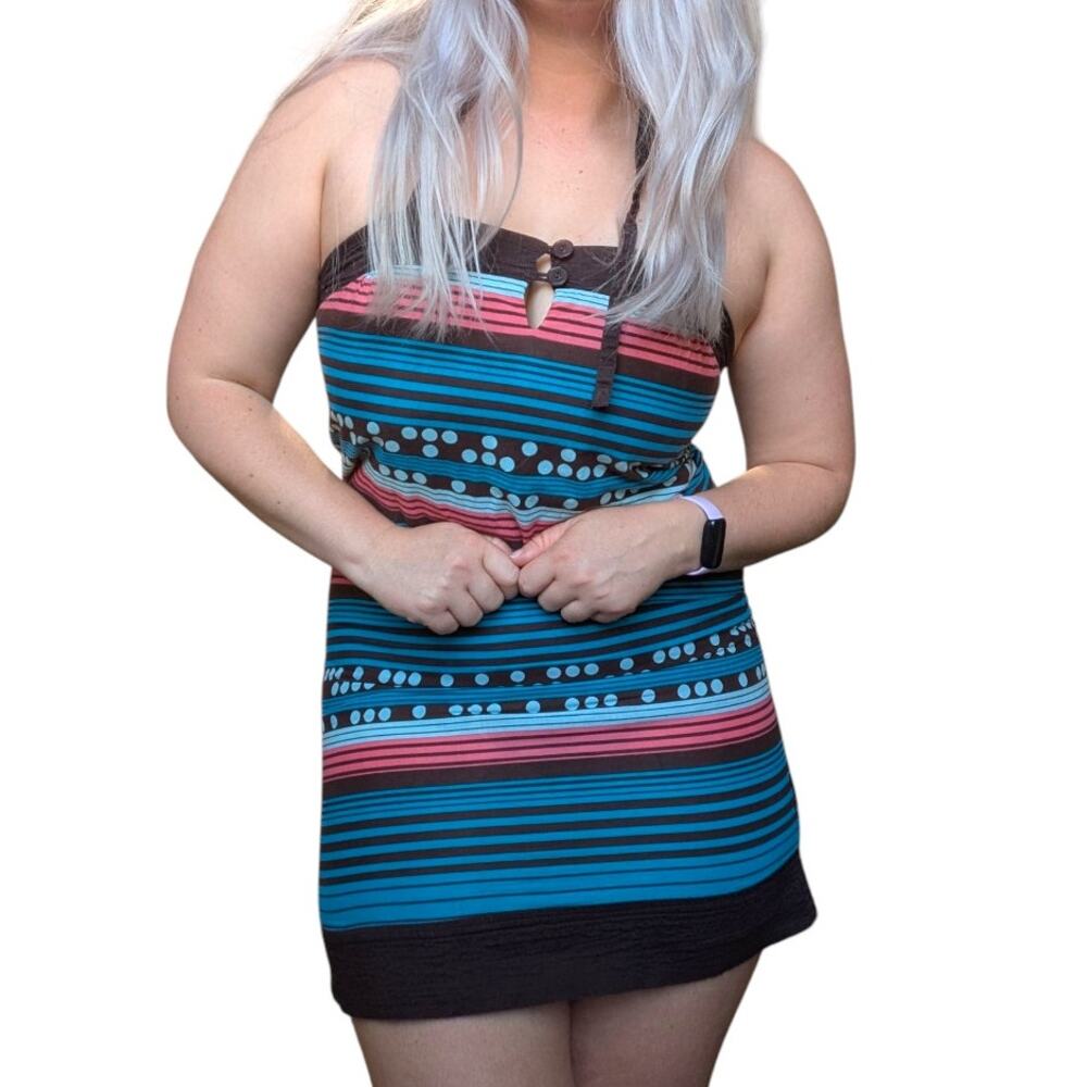 Vintage Y2K Volcom Striped Halter Mini Dress Polka Dot Chocolate Brown Aqua Blue